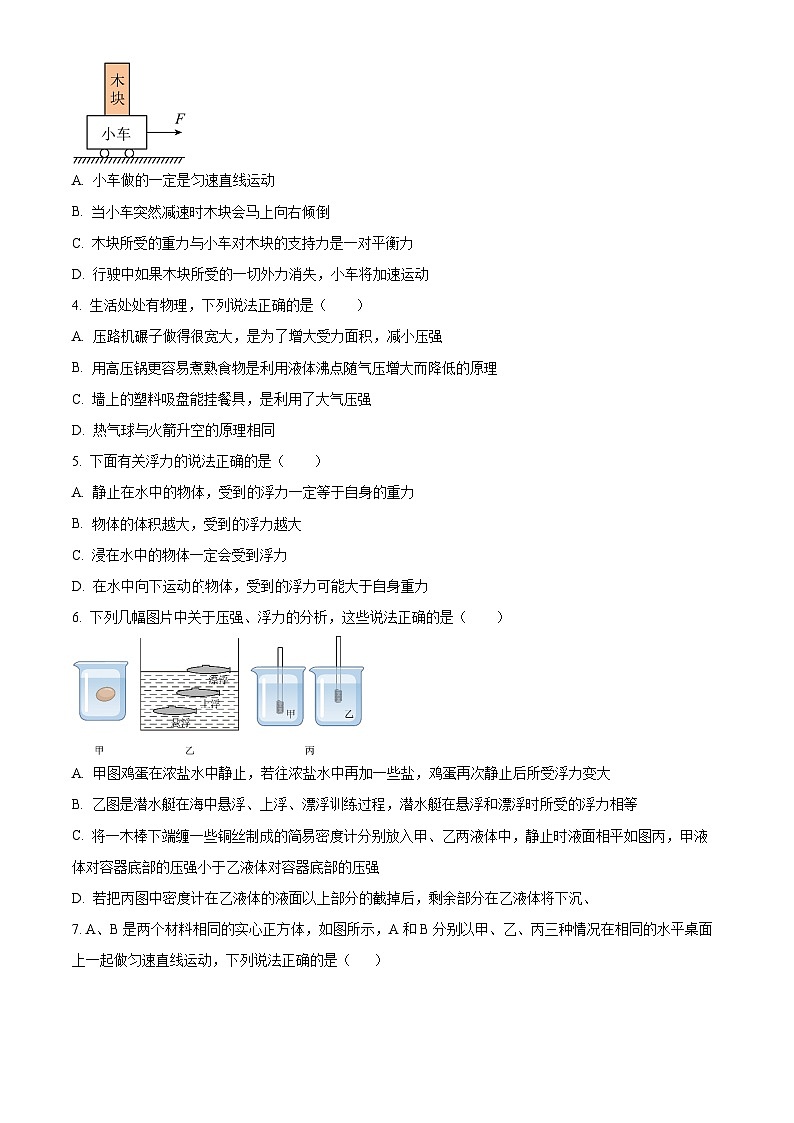 辽宁省沈阳市南昌初级中学2023-2024学年八年级下学期期中考试物理试题（解析版+原卷版）02