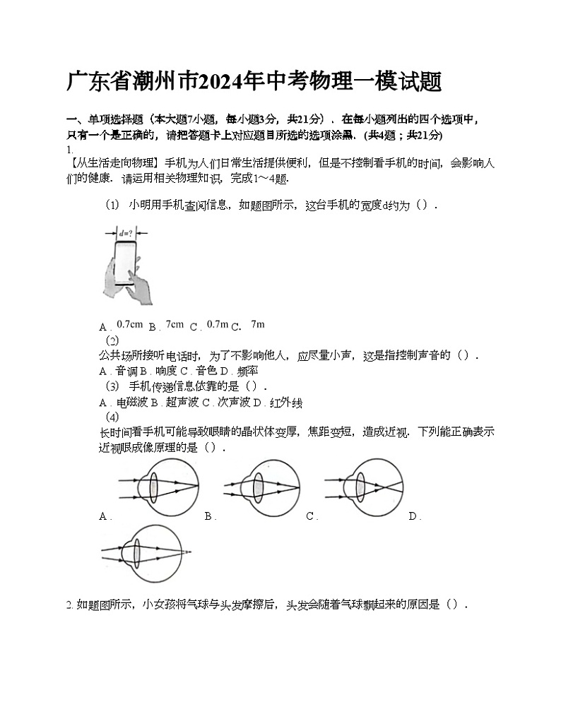 广东省潮州市2024年中考物理一模试题01