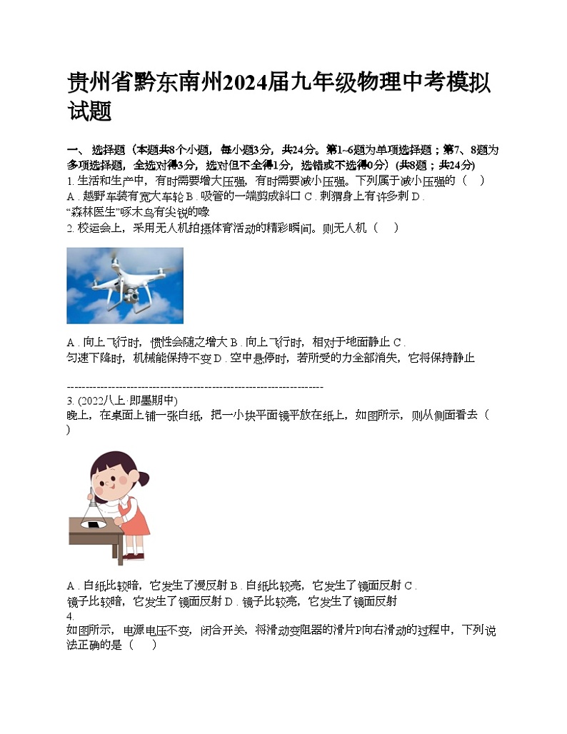 贵州省黔东南州2024届九年级物理中考模拟试题01