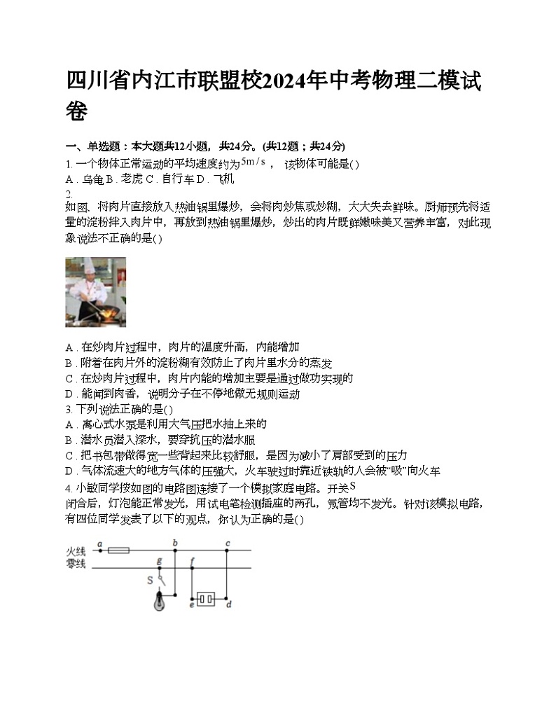 四川省内江市联盟校2024年中考物理二模试卷第1页