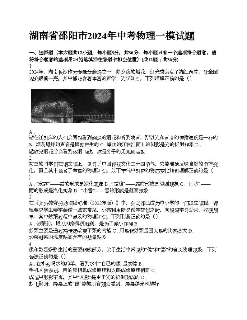 湖南省邵阳市2024年中考物理一模试题第1页