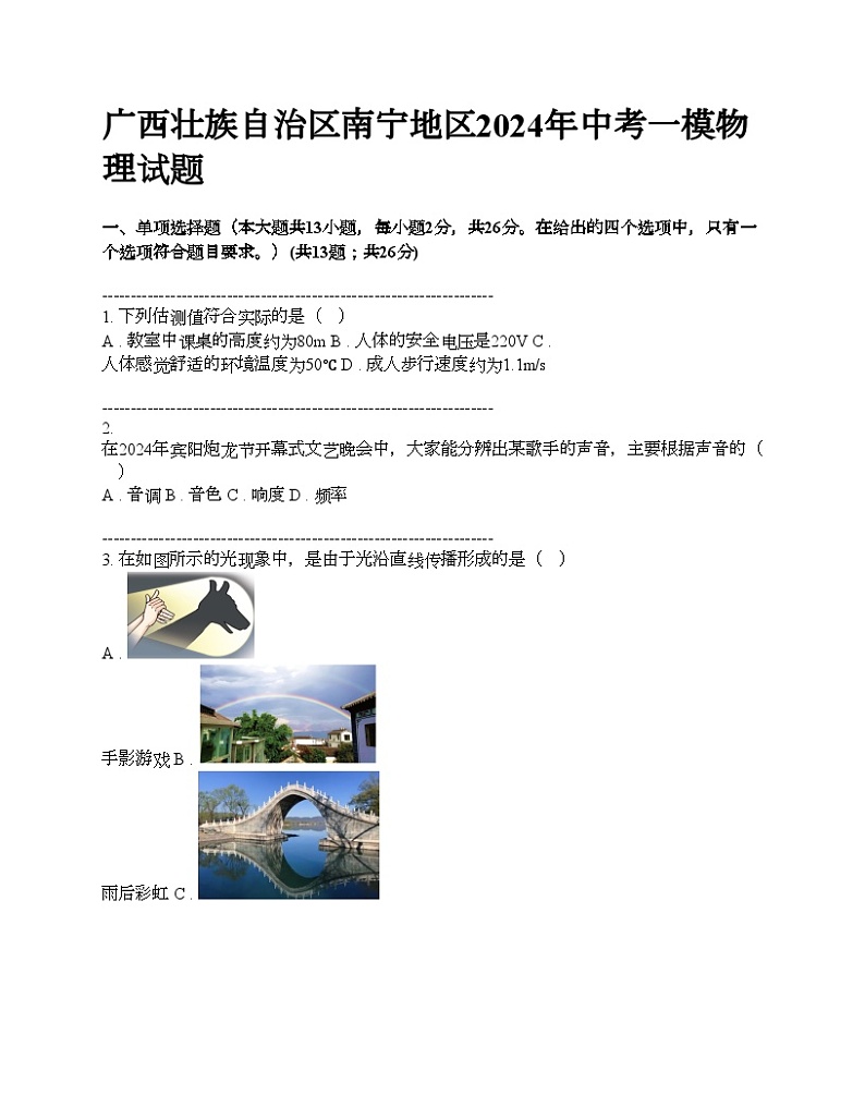 广西壮族自治区南宁地区2024年中考一模物理试题01