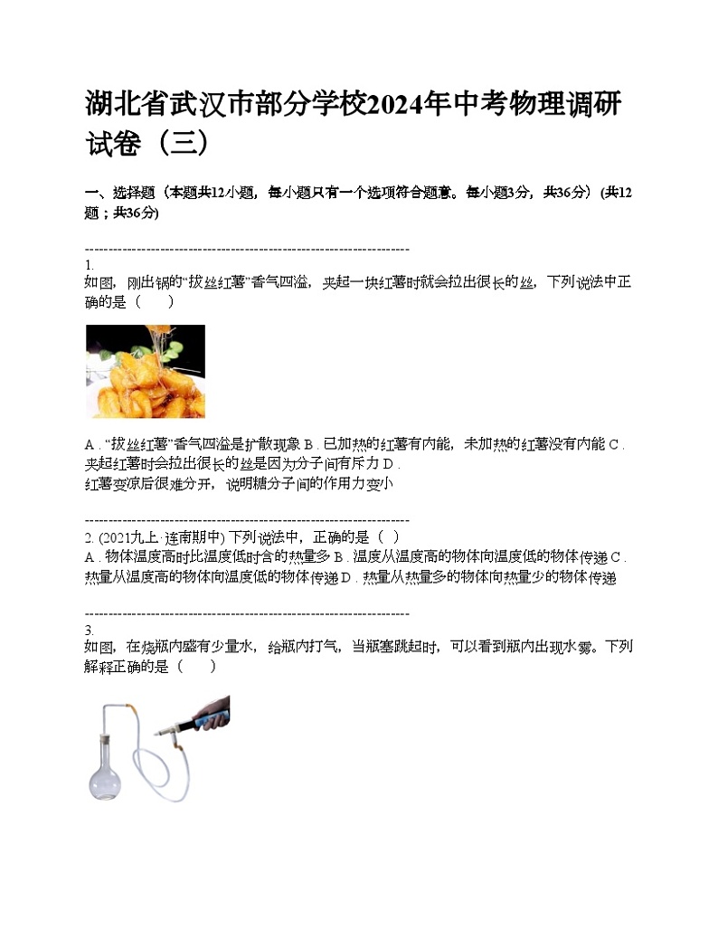 湖北省武汉市部分学校2024年中考物理调研试卷（三）第1页