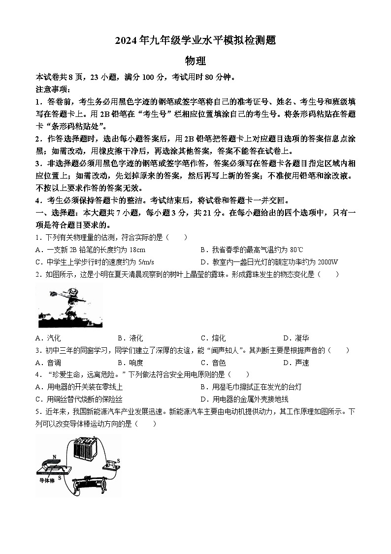 2024年广东省湛江市廉江市中考二模物理试题01
