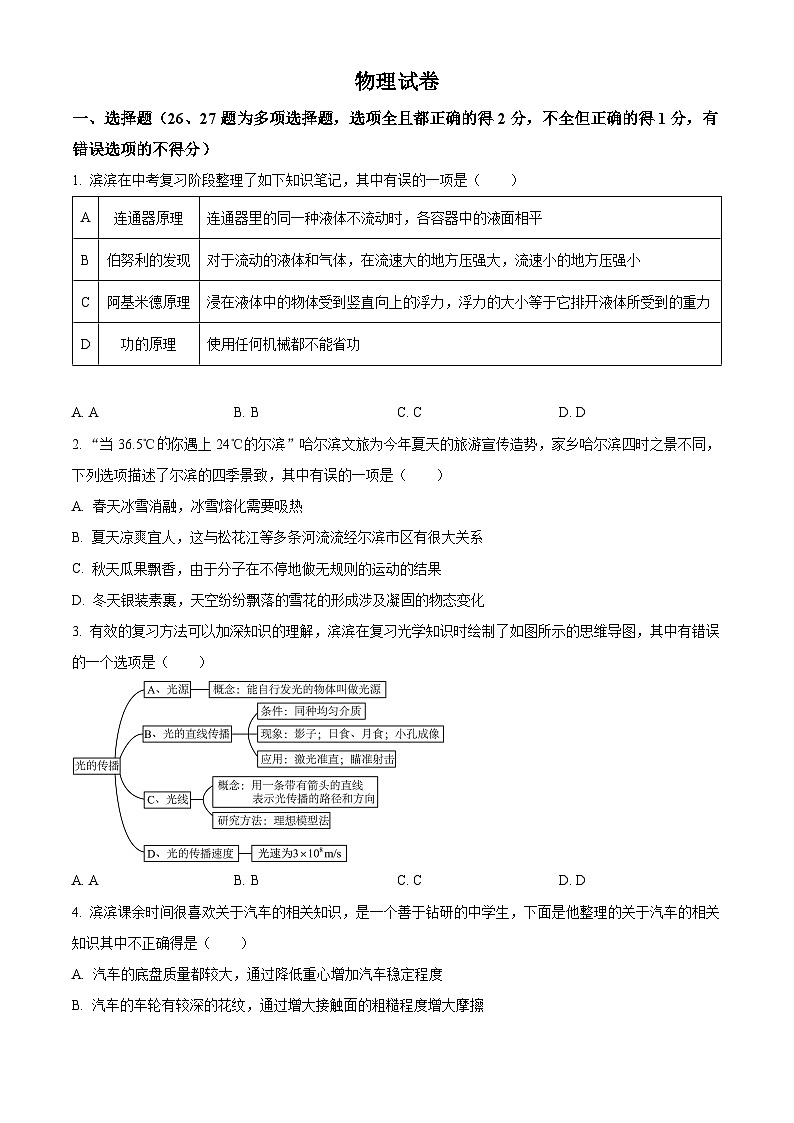 黑龙江省哈尔滨市南岗区第六十九中学2023-2024学年度下学期九年级二模理化综合试卷-初中物理（原卷版+解析版）01