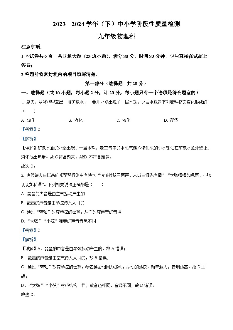 陕西省咸阳市泾阳县2023-2024学年九年级下学期期中阶段性质量检测物理试卷（原卷版+解析版）01