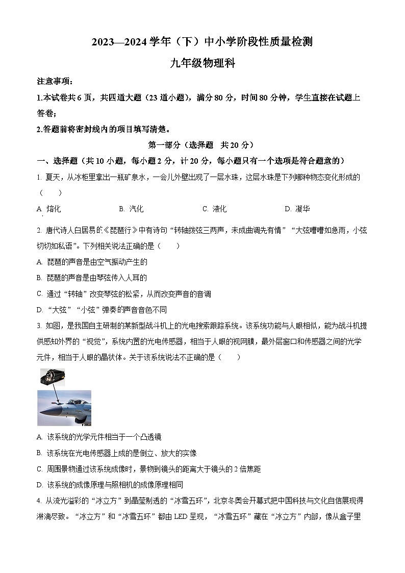 陕西省咸阳市泾阳县2023-2024学年九年级下学期期中阶段性质量检测物理试卷（原卷版+解析版）01