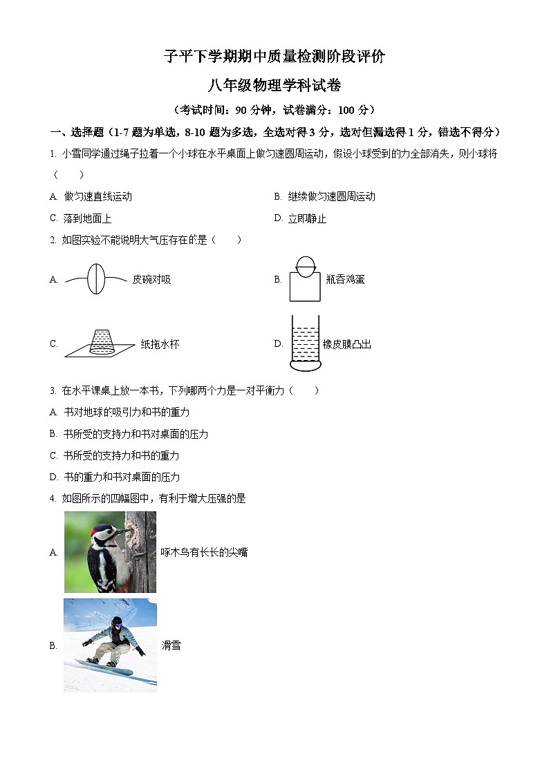 云南省昆明市子平学校2023－2024学年八年级下学期期中物理试题（原卷版+解析版）01