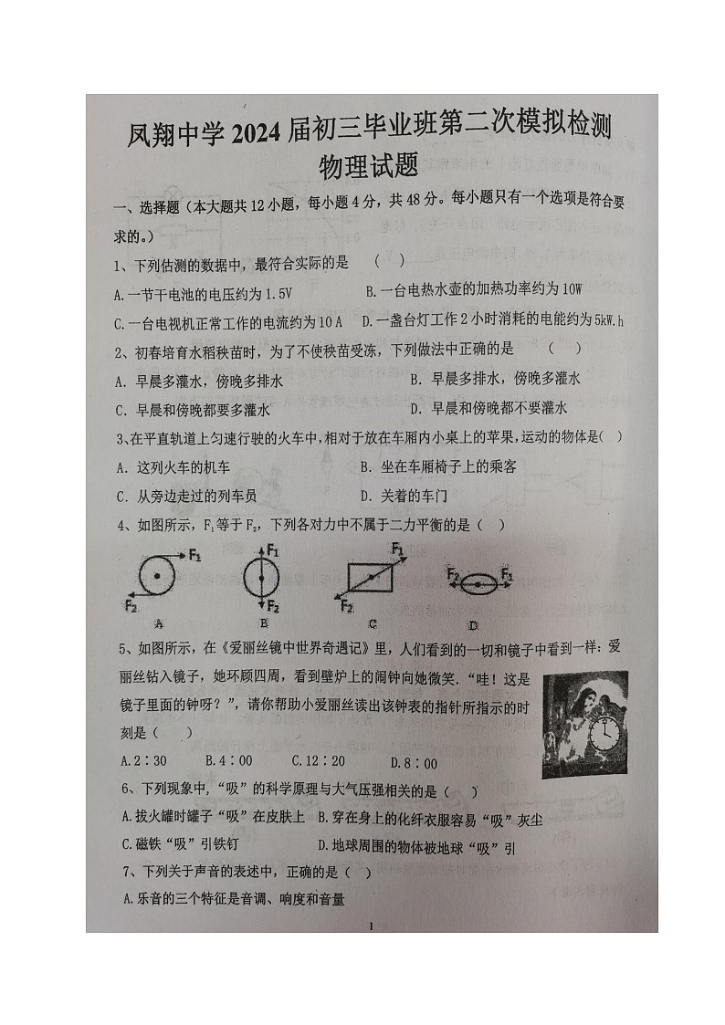 2024年四川省内江市威远县凤翔中学中考二模考试物理试题01