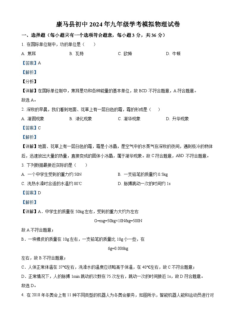 2024年西藏自治区日喀则市康马县中考一模物理试题（原卷版+解析版）01