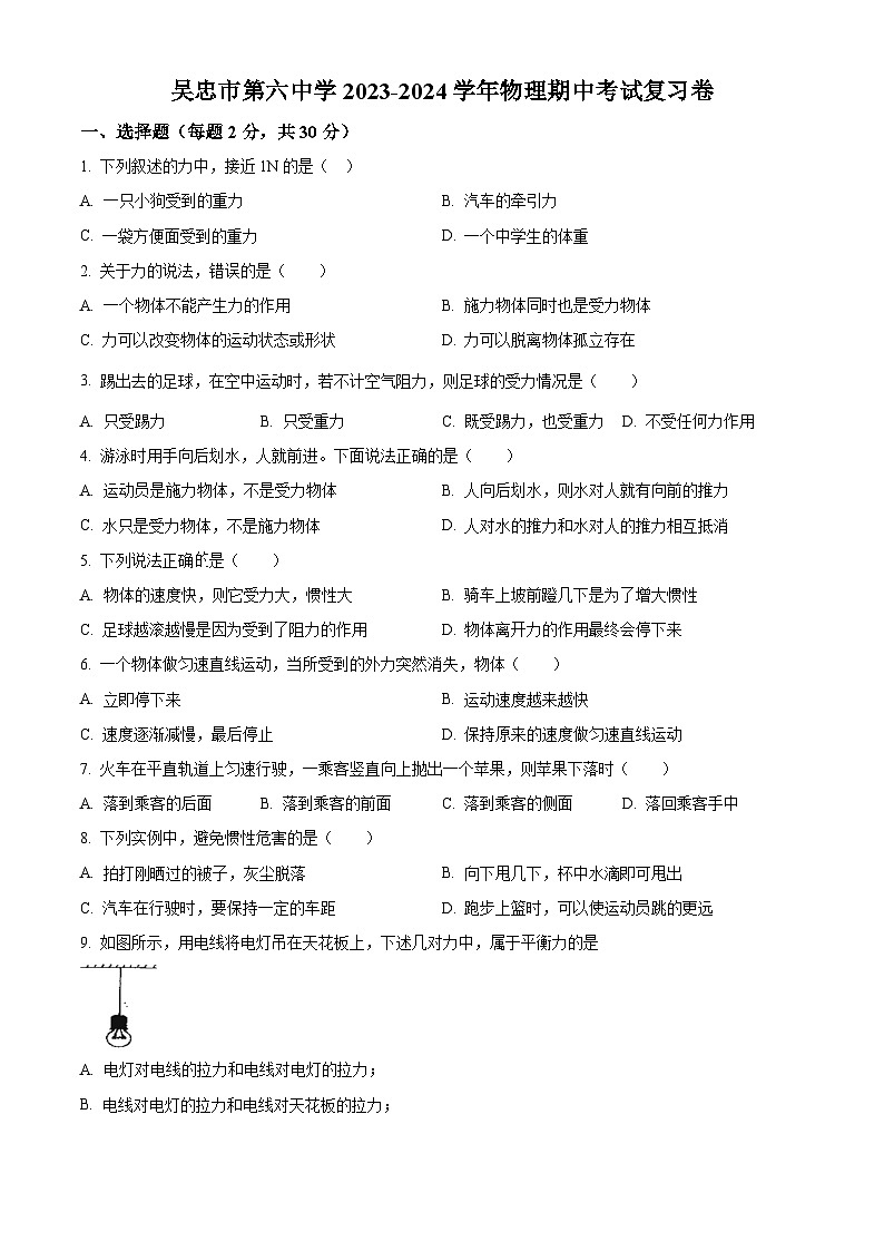宁夏吴忠市第六中学2023-2024学年八年级下学期物理期中考试复习卷（原卷版）第1页