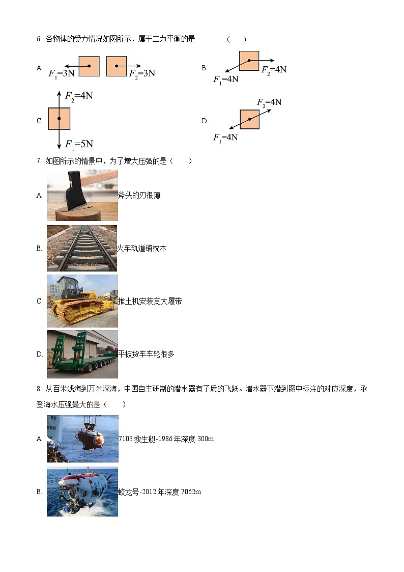 山东省烟台招远市（五四制）2023-2024学年八年级下学期期中考试物理试题（原卷版）第2页
