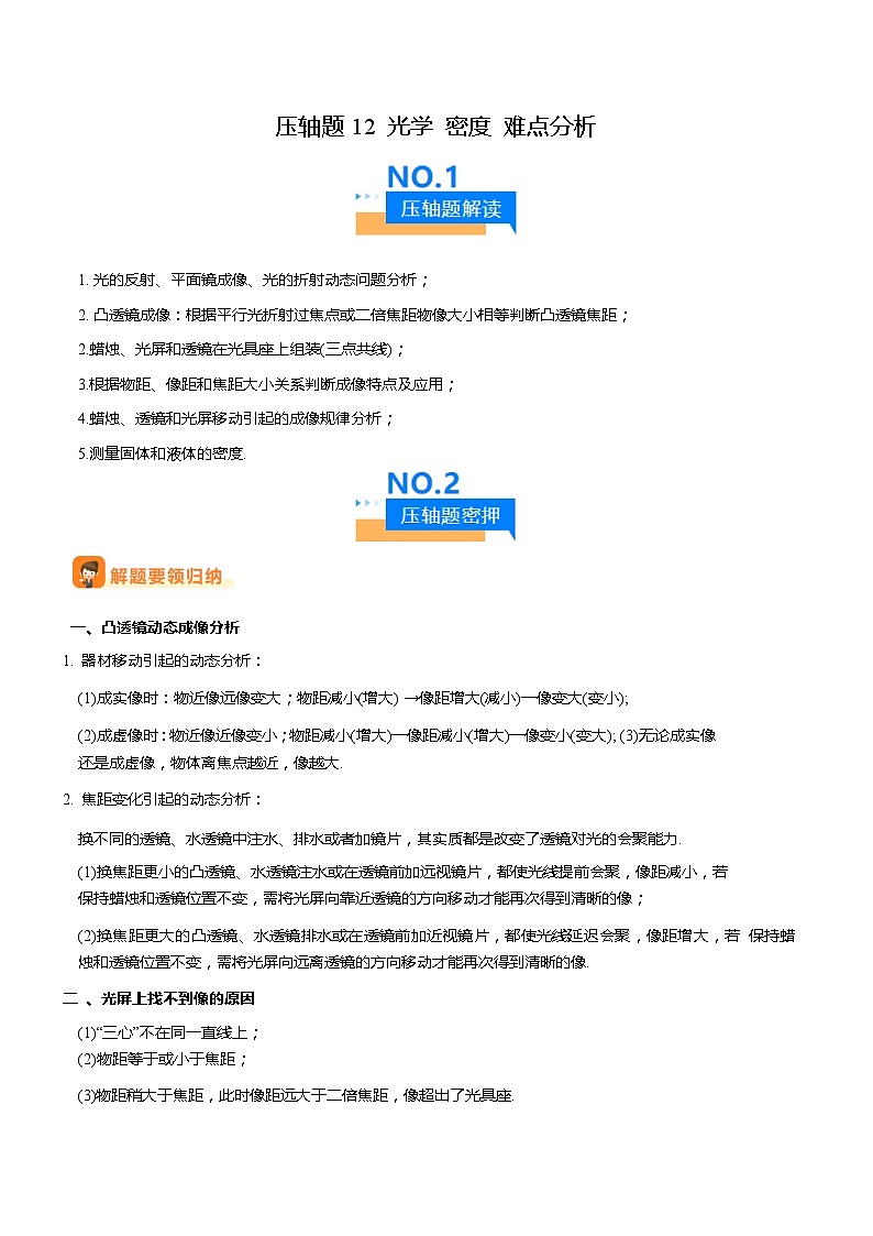 压轴题12 光学 密度 难点分析-2024年中考物理压轴题专项训练（全国通用）01