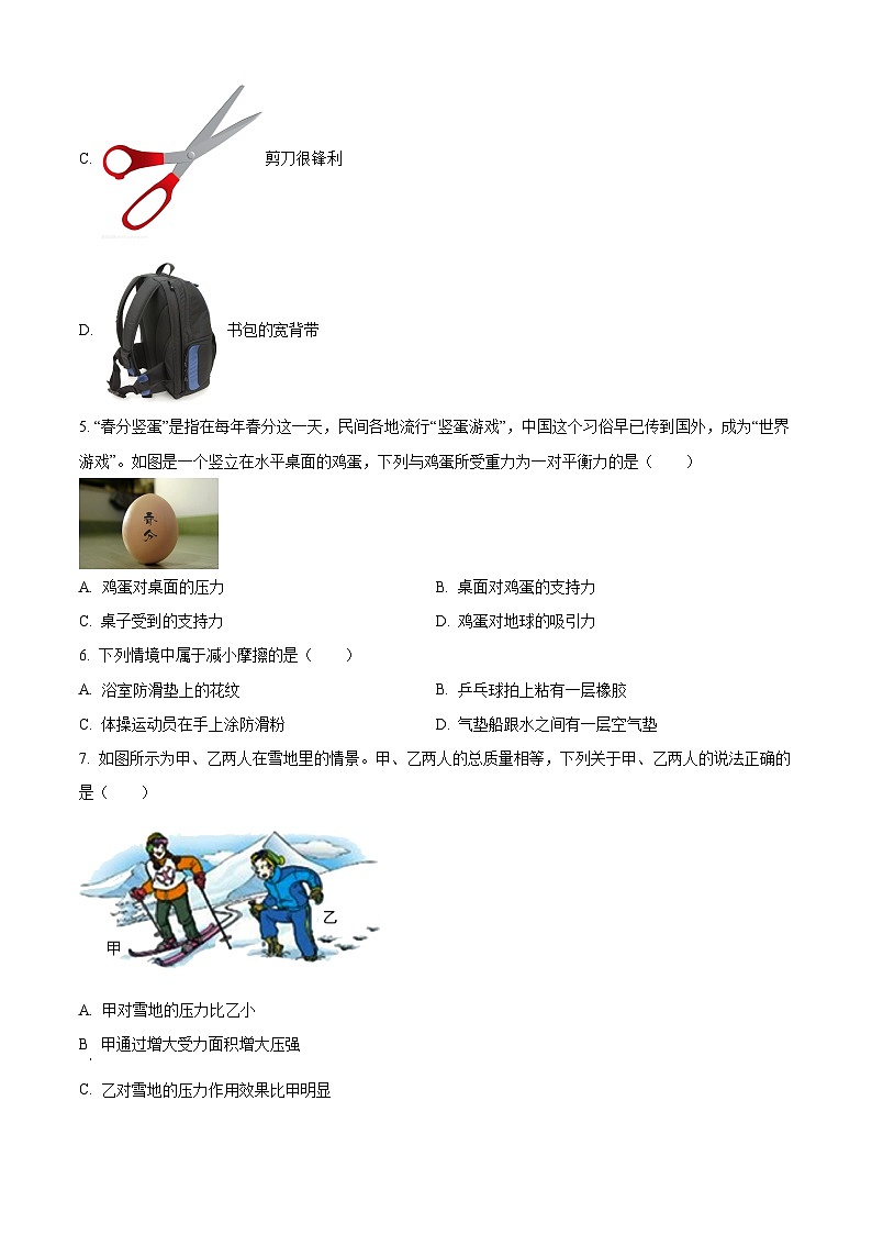 福建省龙岩市上杭县东北片区2023-2024学年八年级下学期期中考试物理试题（原卷版）第2页