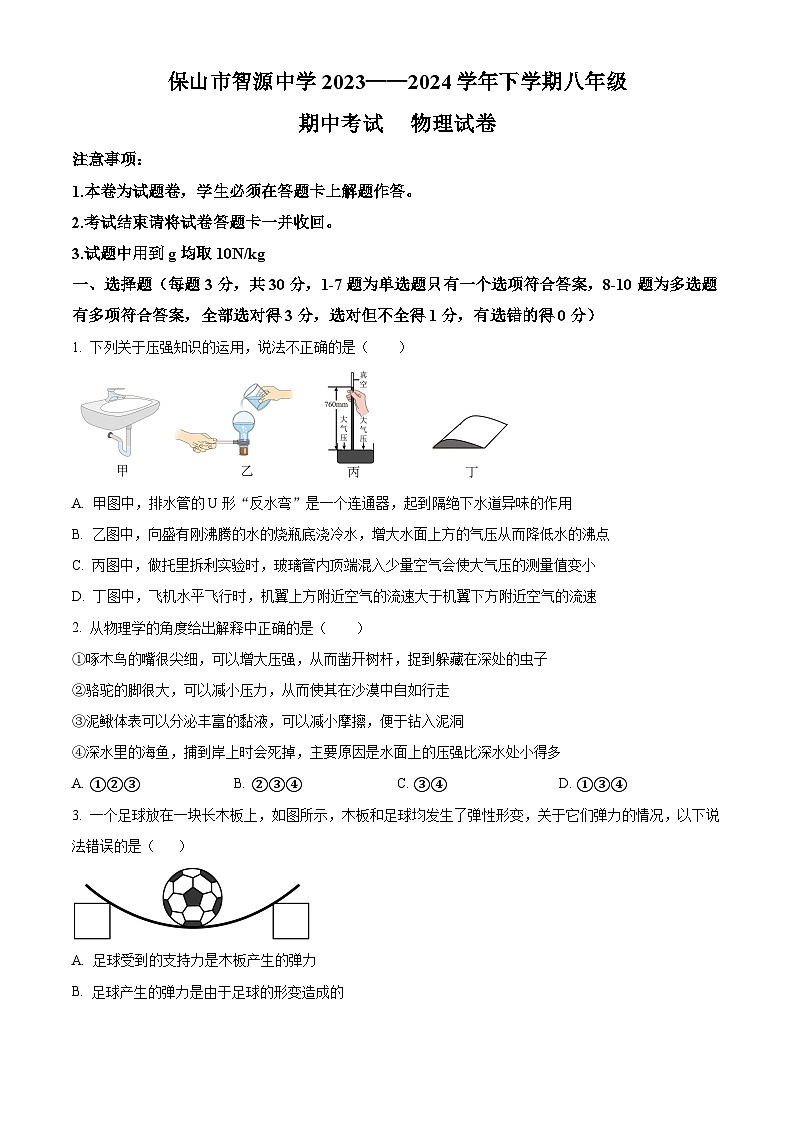 云南省保山市智源初级中学2023-2024学年八年级下学期4月期中物理试题（原卷版+解析版）01