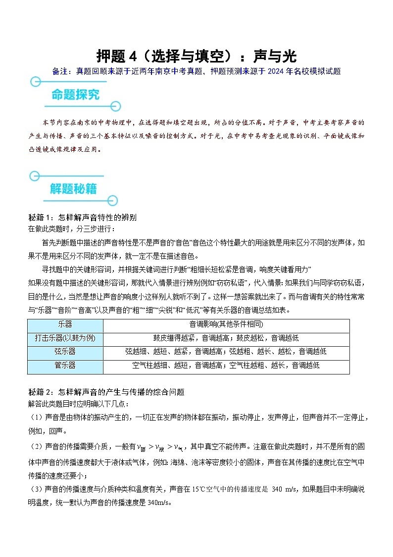 押题4（选择与填空）：声与光--2024年中考物理押题（南京专用）01