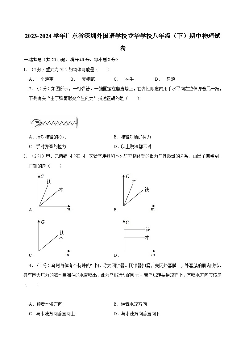 广东省深圳外国语学校龙华学校2023-2024学年八年级下学期期中物理试卷01