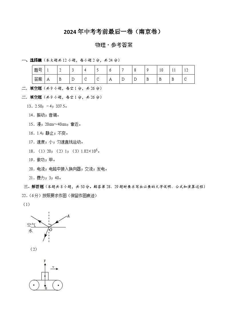 物理（南京卷）-【试题猜想】2024年中考考前最后一卷01