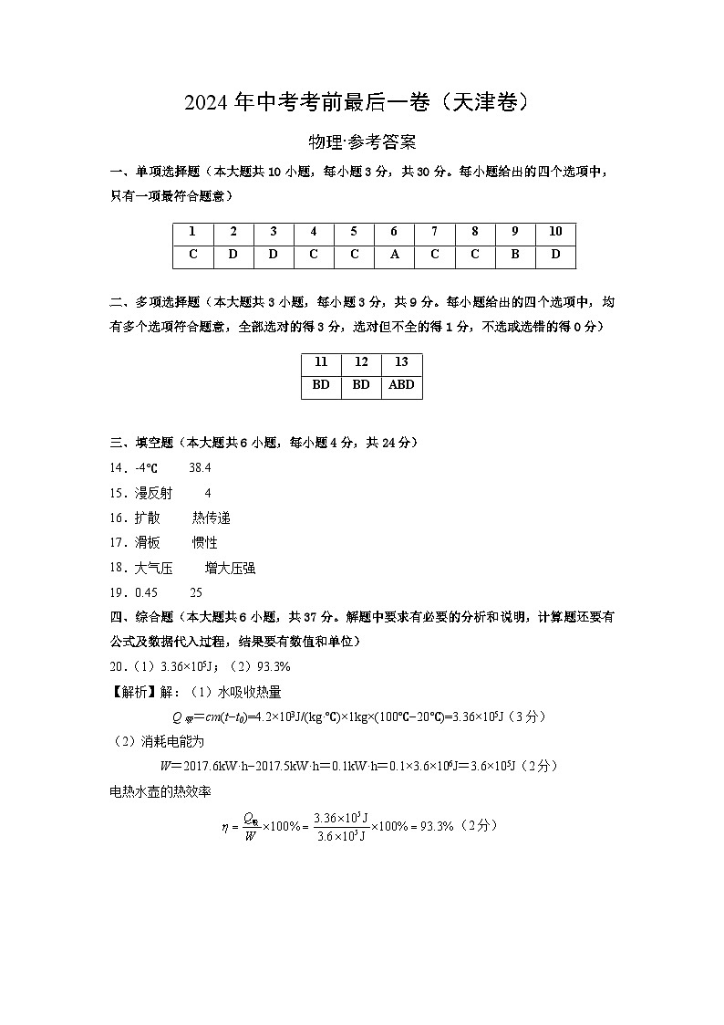 物理（天津卷）-【试题猜想】2024年中考考前最后一卷01