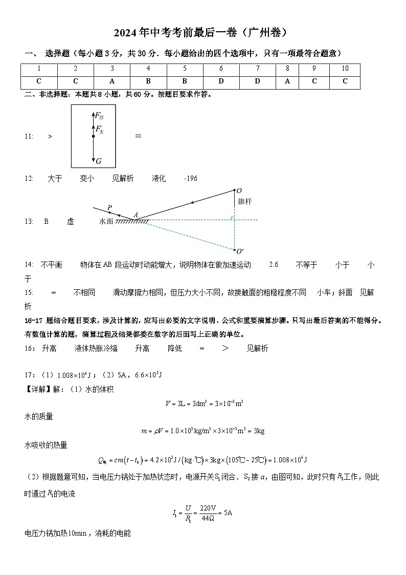 物理（广州卷）-【试题猜想】2024年中考考前最后一卷01