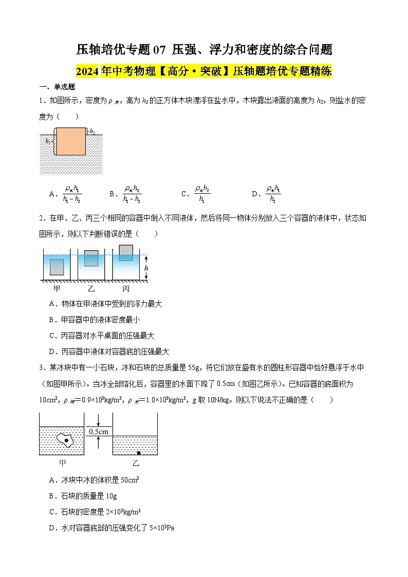 压轴培优专题07 压强、浮力和密度的综合问题--中考物理【高分突破专项】压轴题培优专题精练01