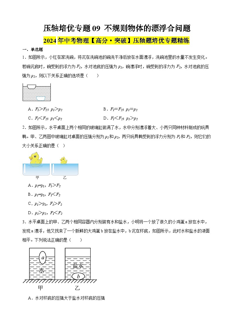 压轴培优专题09 不规则物体的漂浮合问题 -中考物理【高分·突破】压轴题培优专题精练（学生卷）第1页
