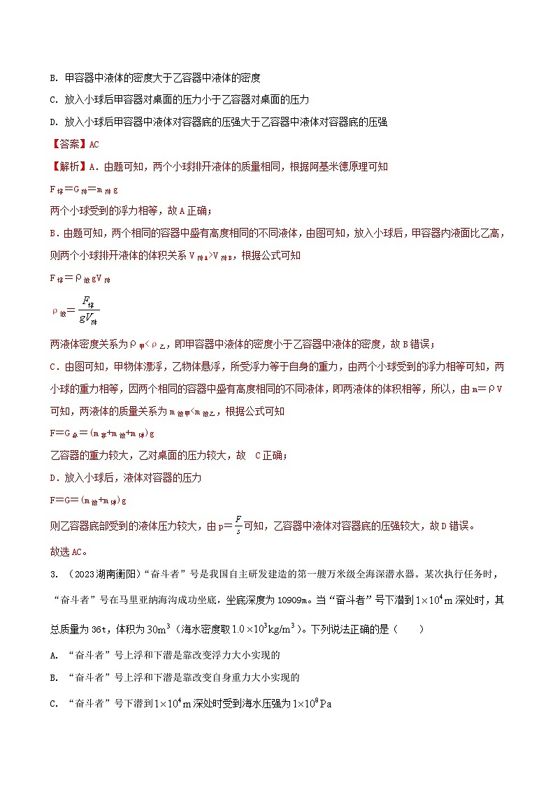 专题25 压强与浮力综合难题选择题（教师版） -2024年物理中考题型60专题（全国通用）第2页