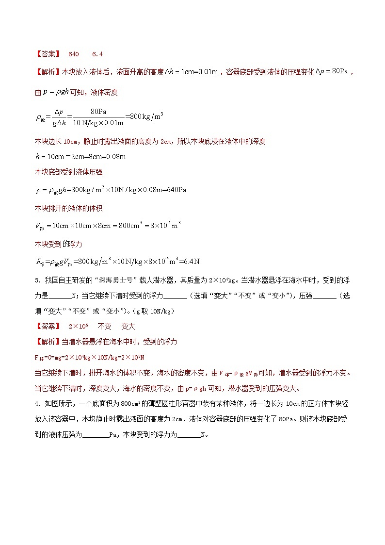专题26 压强与浮力综合难题填空题 -2024年物理中考题型专练（全国通用）02