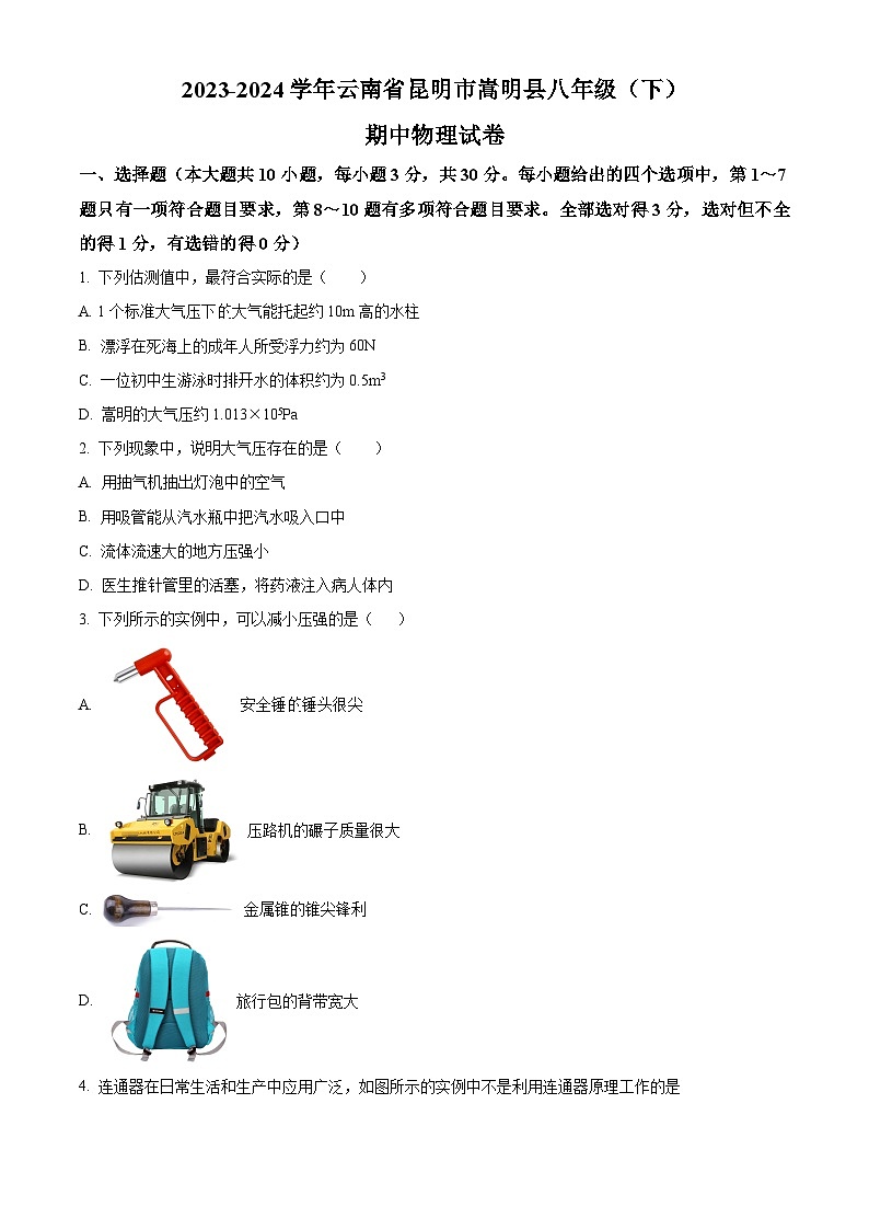 云南省昆明市嵩明县2023-2024学年八年级下学期期中物理试卷（原卷版+解析版）01