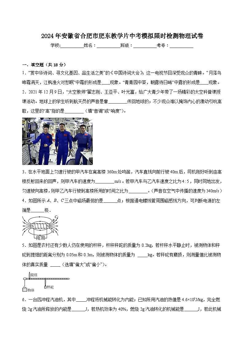 2024年安徽合肥市肥东教学片中考模拟限时检测物理试卷第1页