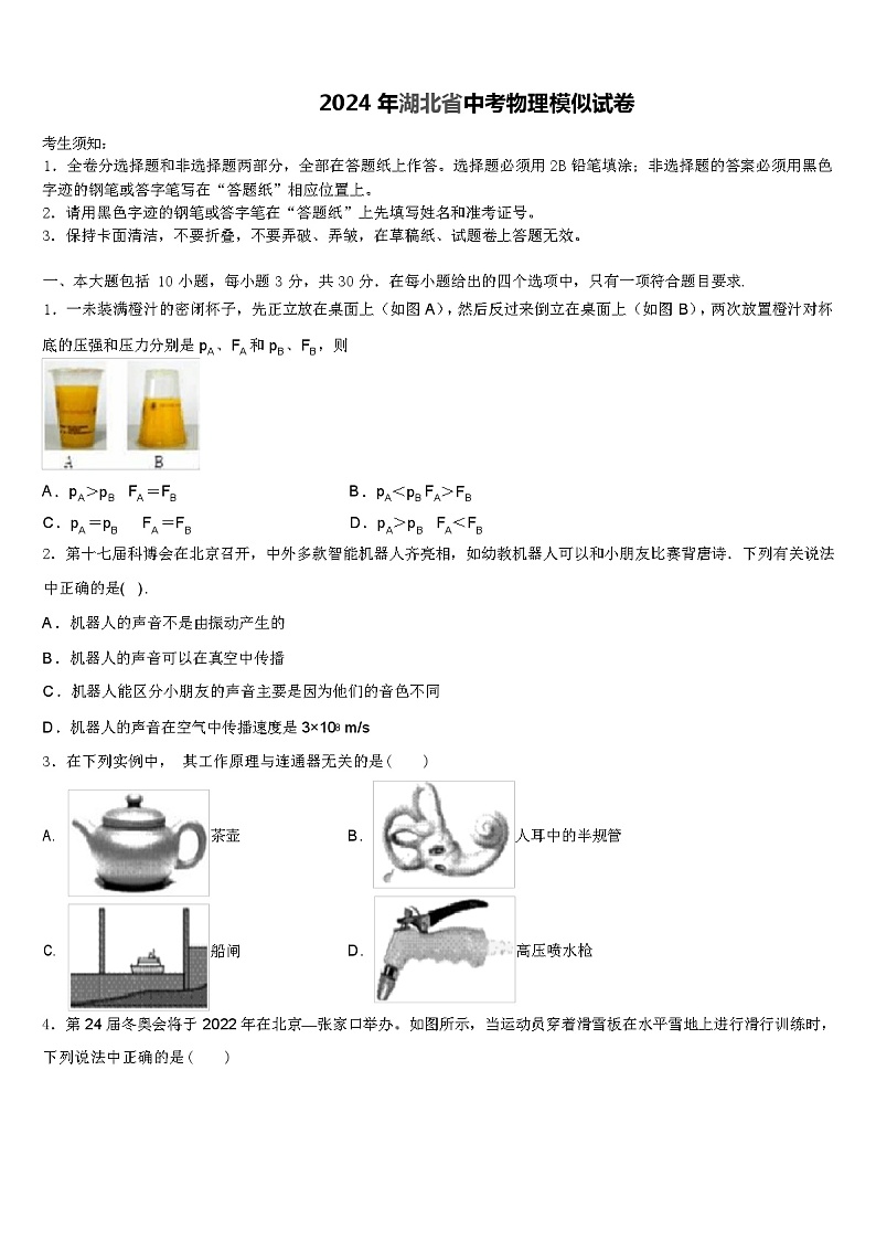 2024 年湖北省中考物理模似试卷（解析版）01