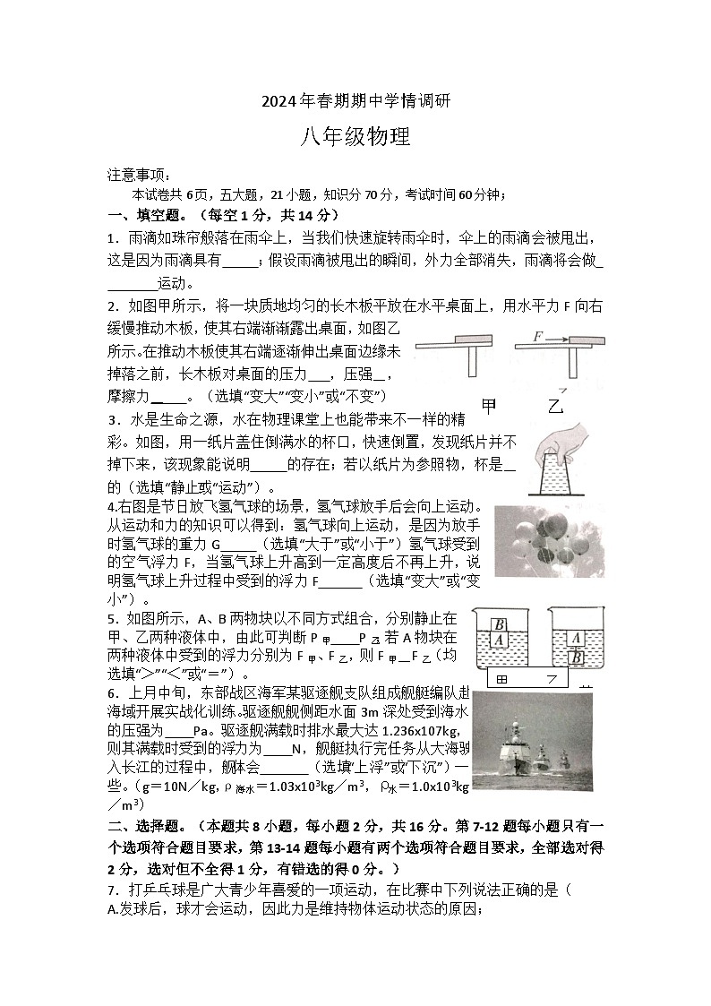 河南省南阳市桐柏县2023-2024学年八年级下学期5月期中物理试题第1页