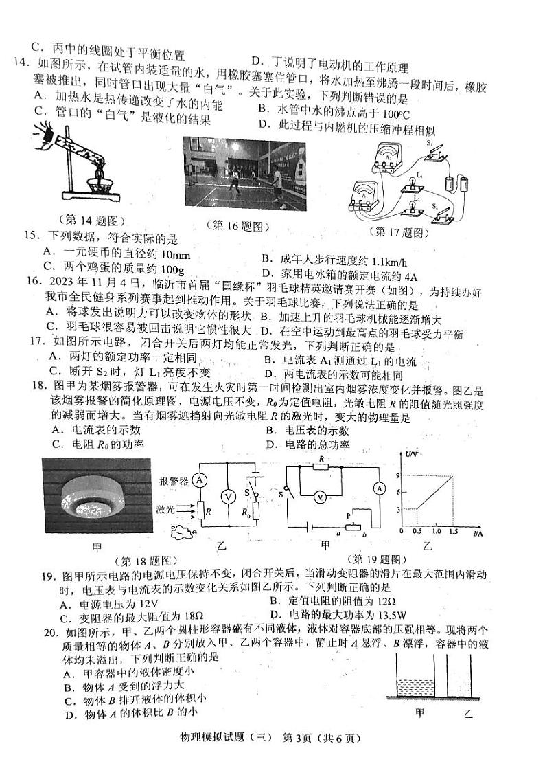 2024年山东省临沂市初中学业水平考试模拟物理试题（三）第3页