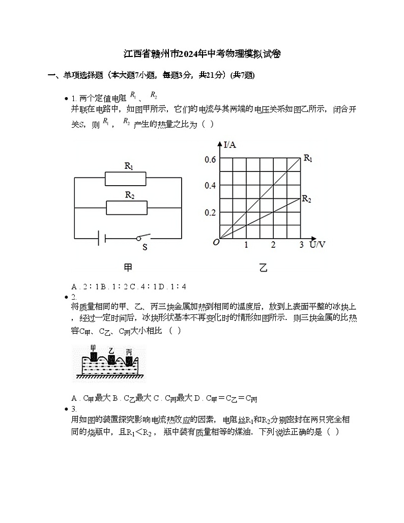 江西省赣州市2024年中考物理模拟试卷第1页
