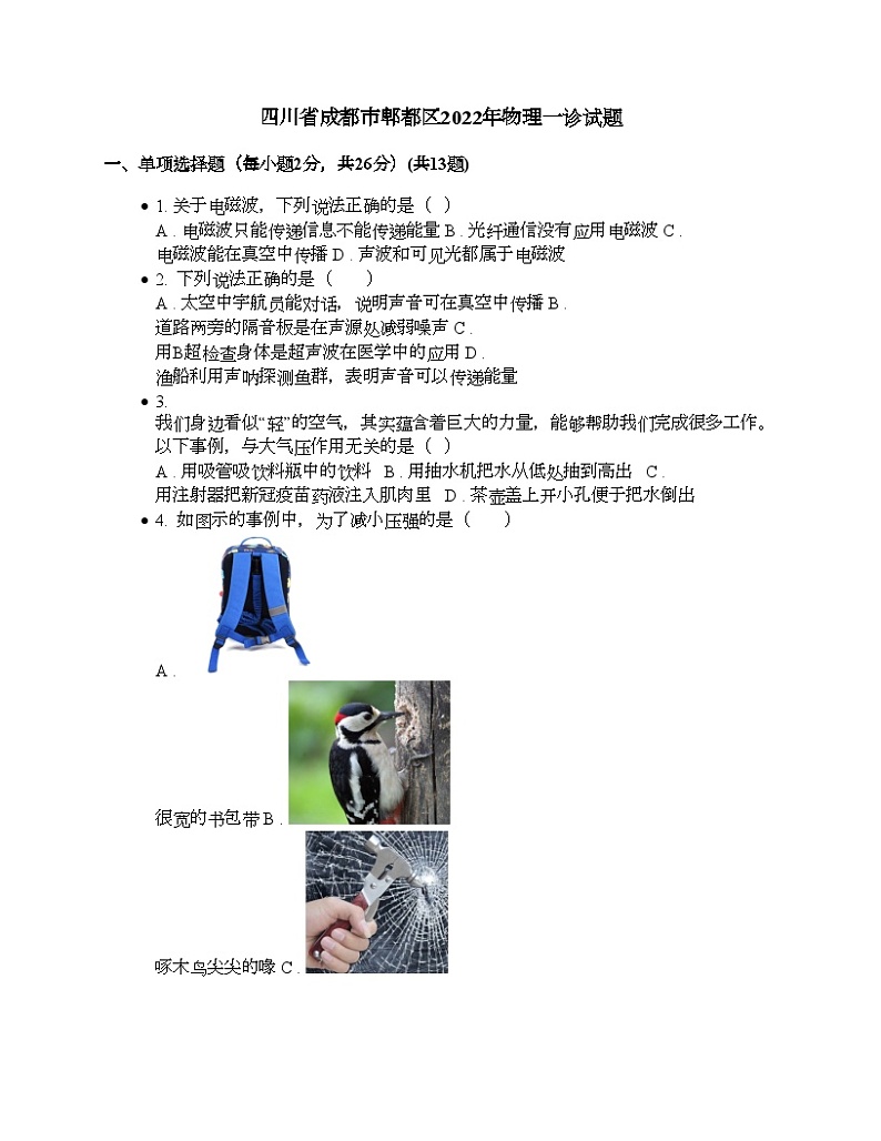四川省成都市郫都区2022年物理中考一诊试题01