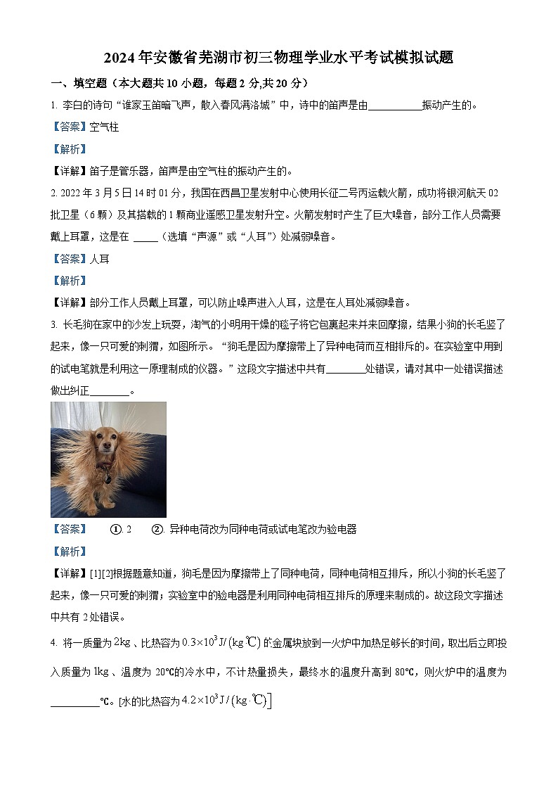 2024年安徽省芜湖市中考学业水平考试模拟物理试题（解析版）第1页