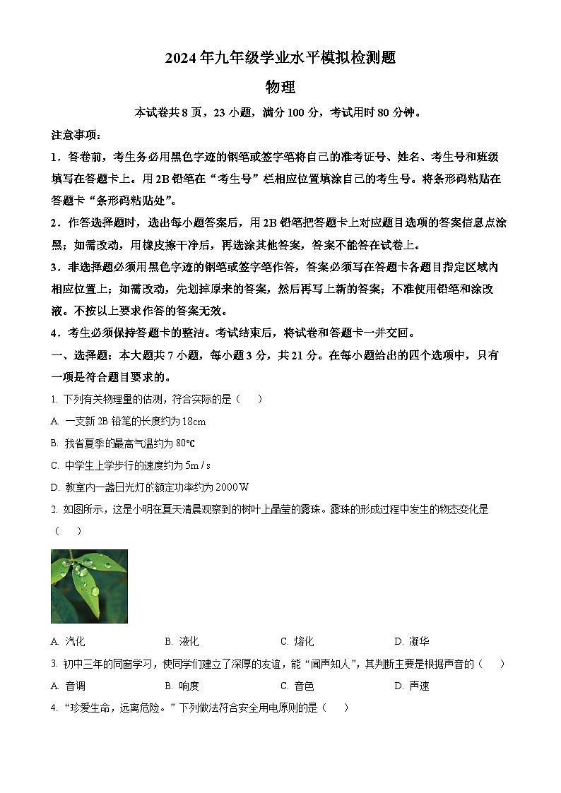 2024年广东省湛江市廉江市中考二模物理试题（原卷版+解析版）01