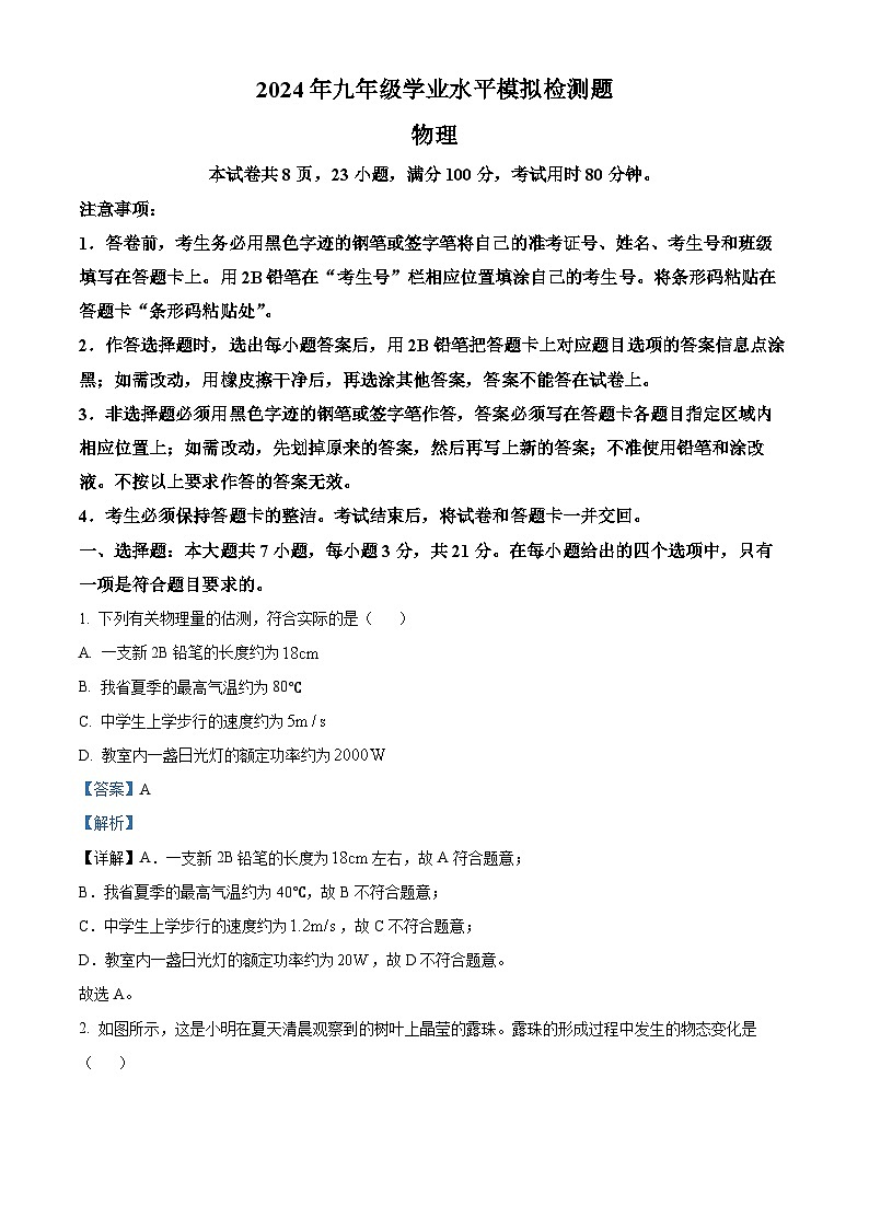 2024年广东省湛江市廉江市中考二模物理试题（原卷版+解析版）01