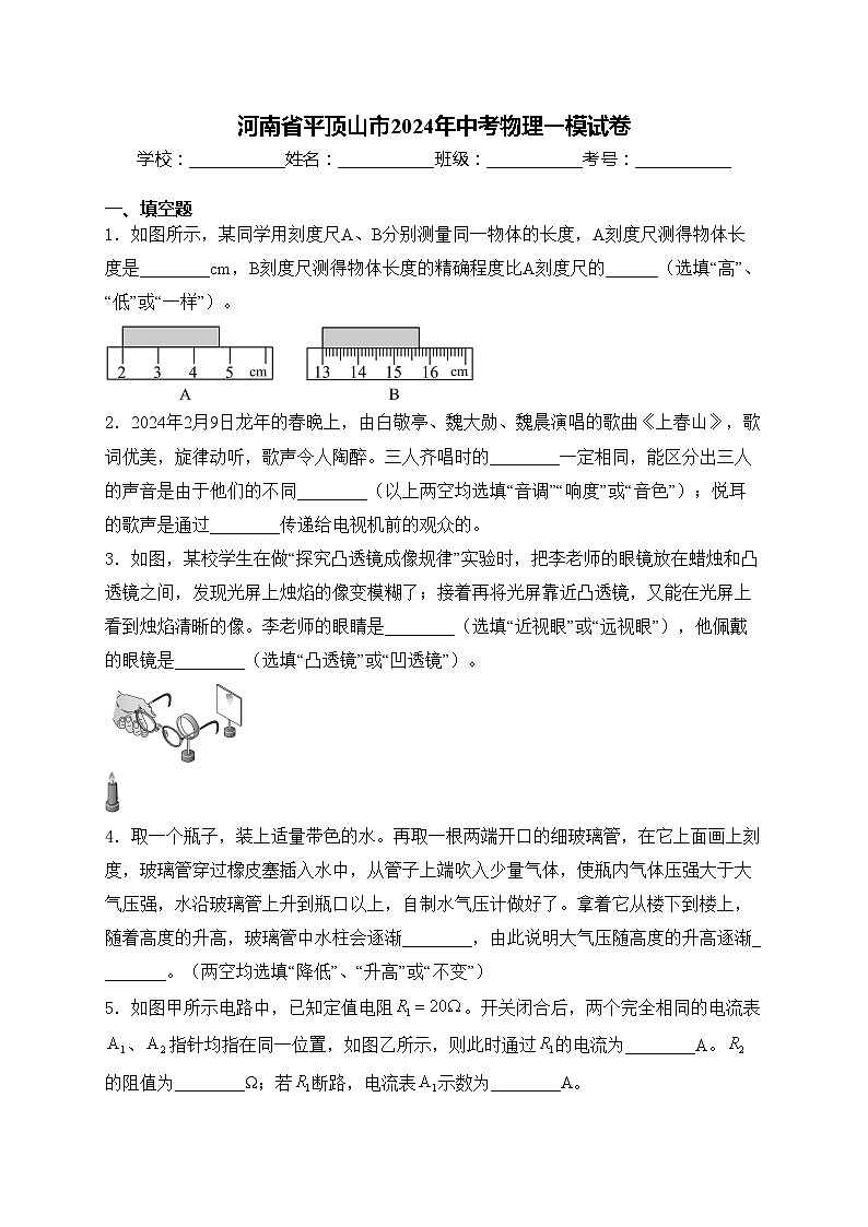 河南省平顶山市2024年中考物理一模试卷(含答案)01