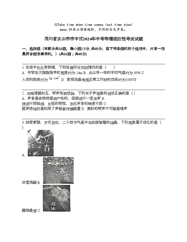 四川省乐山市市中区2024年中考物理适应性考试试题01