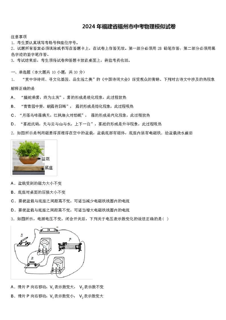 2024 年福建省福州市中考物理模似试卷（解析版）01