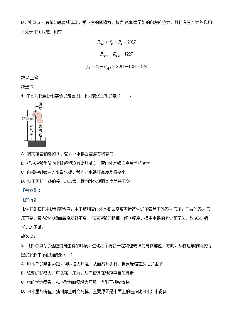 广东省广州市中大附中2023-2024学年八年级下学期期中物理试题（原卷版+解析版）03