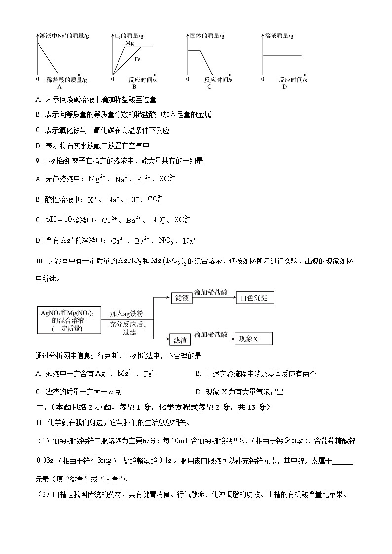 江苏省宿迁市泗阳县2023-2024学年下学期九年级第一次模拟考试物理、化学试题-初中化学03