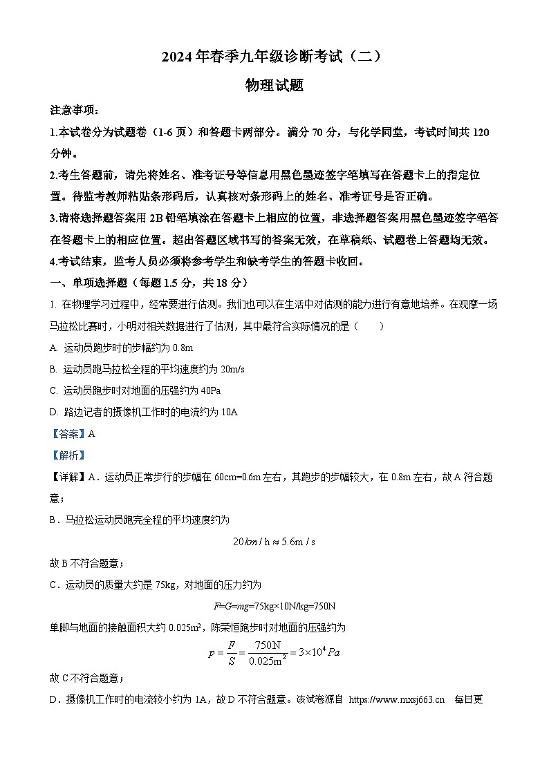 43，2024年四川省广安市岳池县九年级下学期物理诊断考试（二）第1页