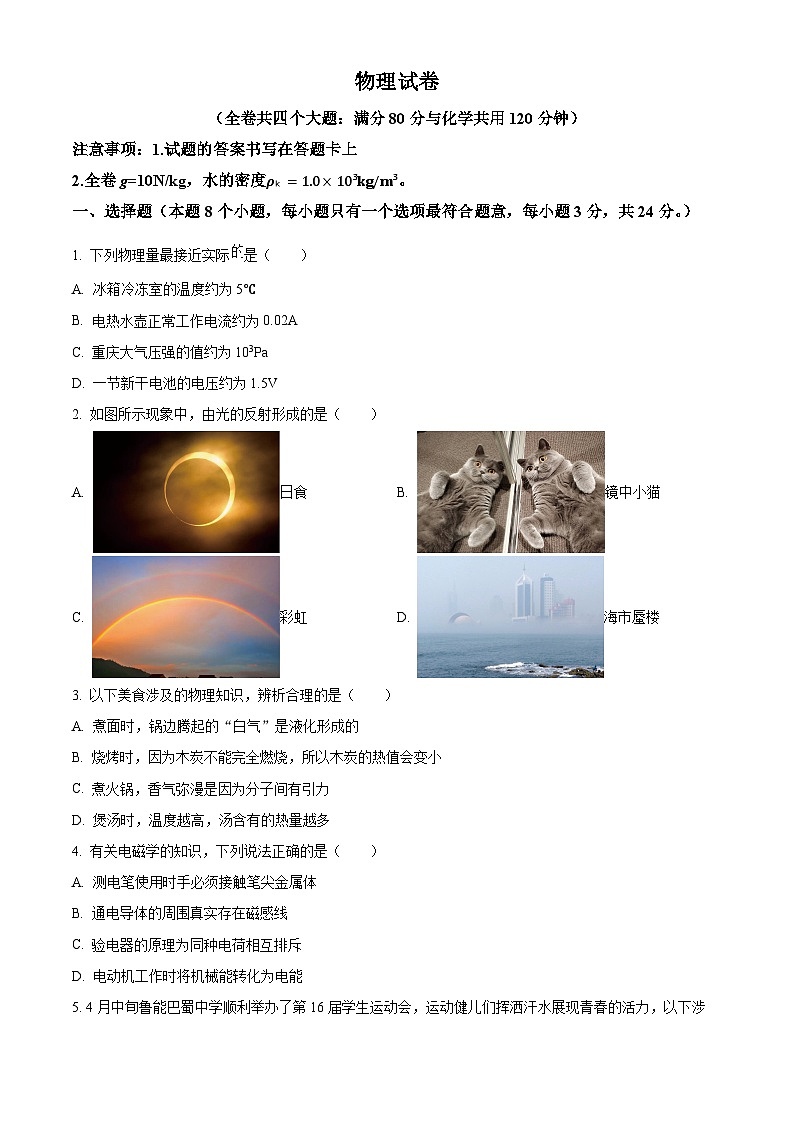 2024年重庆巴蜀中学中考二模物理试题（原卷版+解析版）01