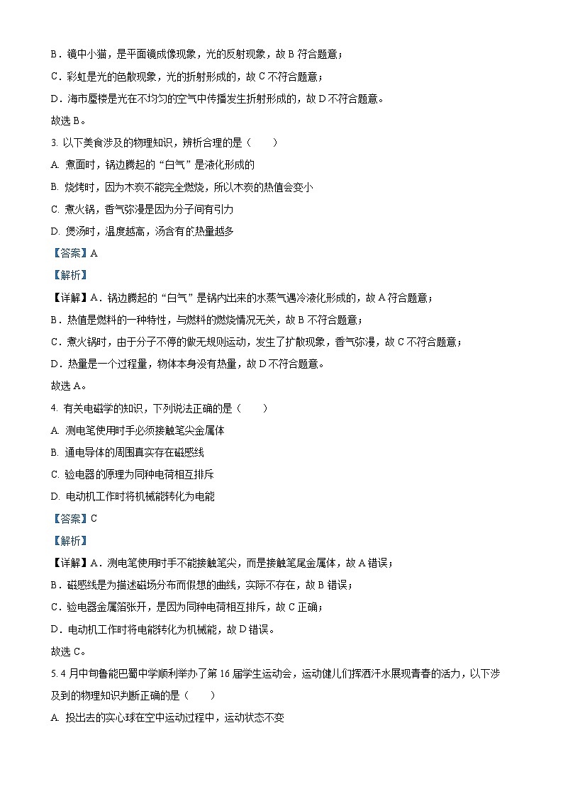 2024年重庆巴蜀中学中考二模物理试题（原卷版+解析版）02