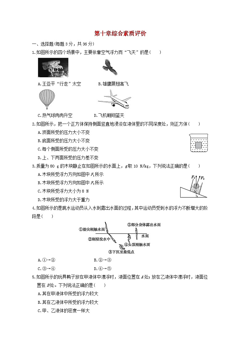 2024八年级物理下册第10章浮力综合素质评价试卷（附答案人教版）第1页