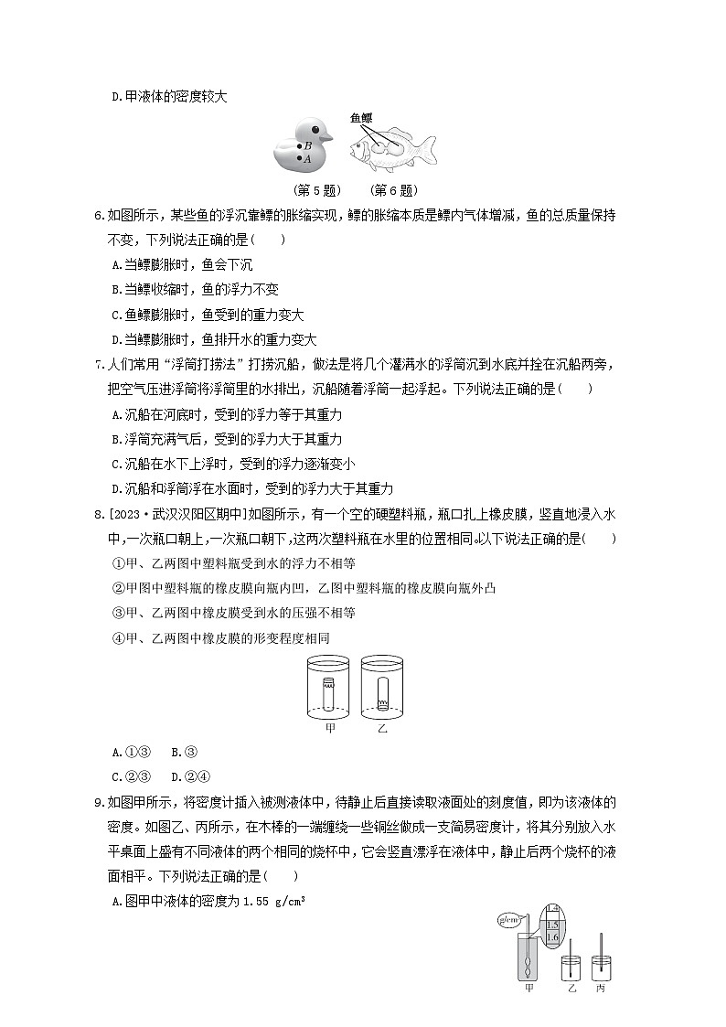 2024八年级物理下册第10章浮力综合素质评价试卷（附答案人教版）第2页