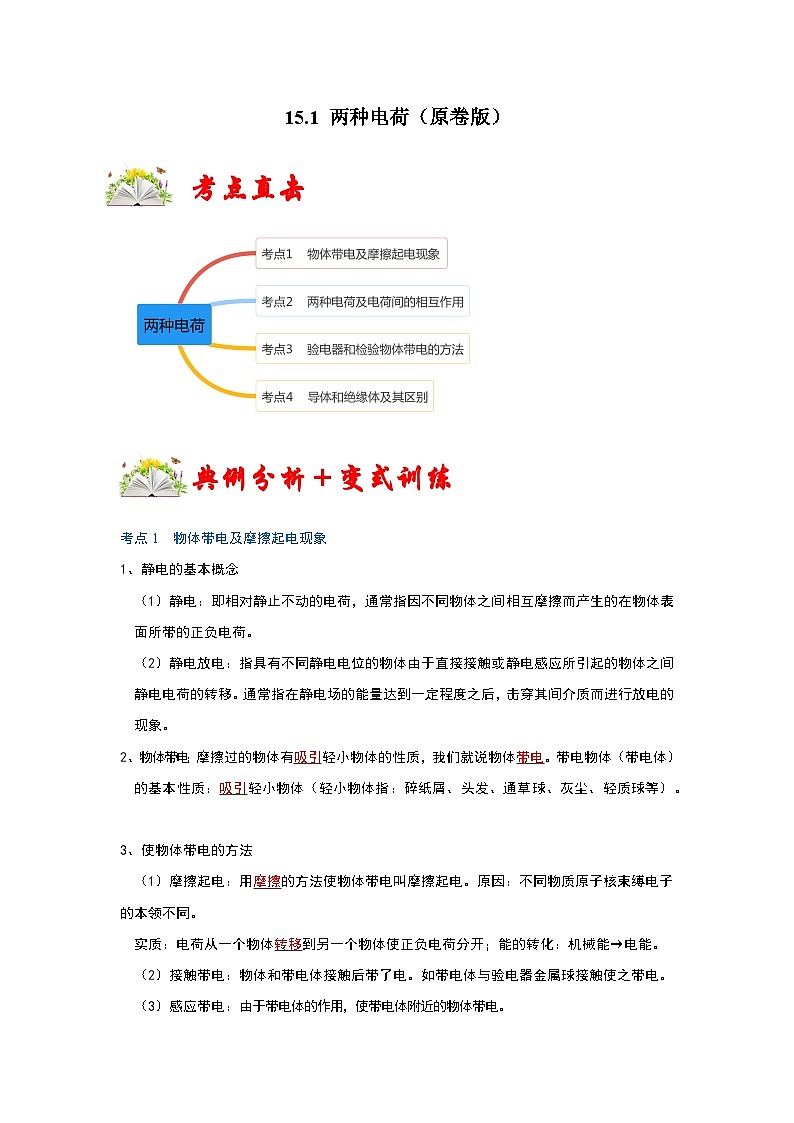 人教版九年级物理全一册同步考点专题训练15.1两种电荷(原卷版+解析)01