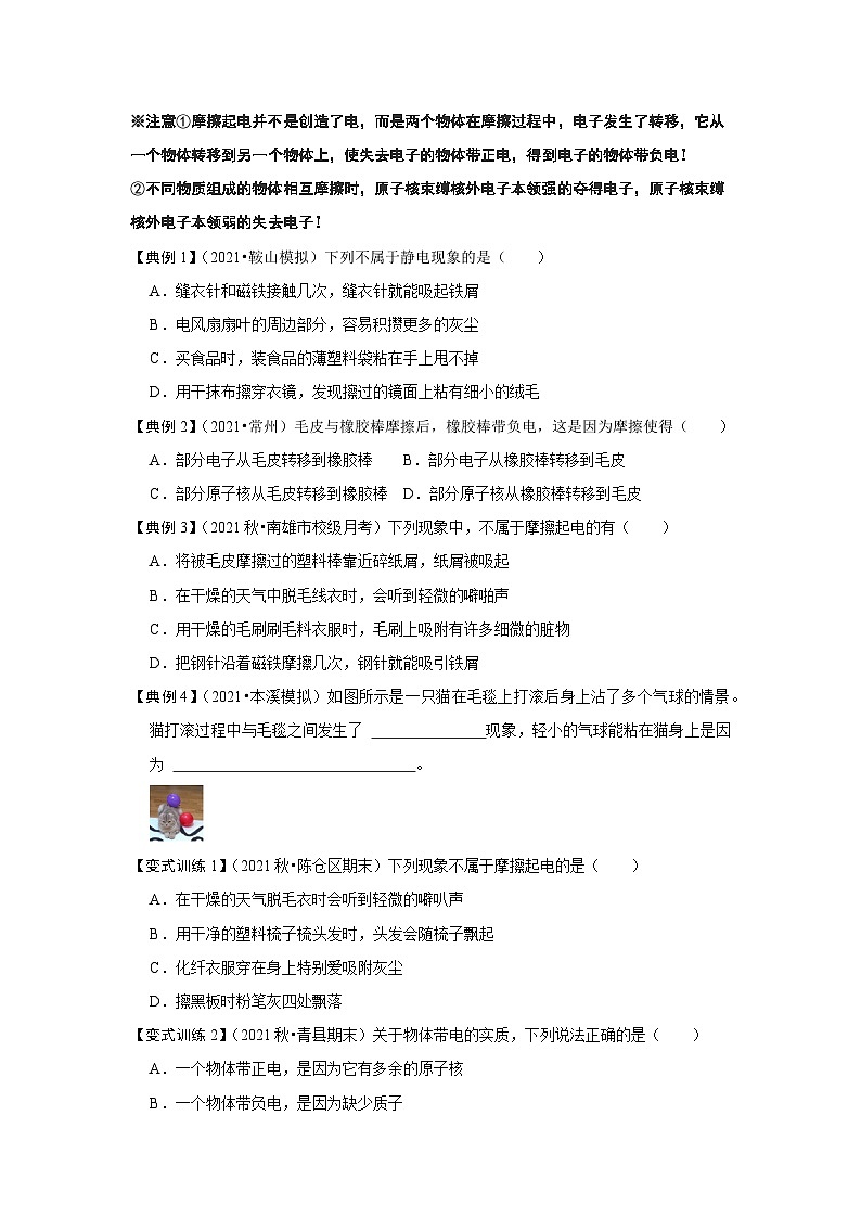 人教版九年级物理全一册同步考点专题训练15.1两种电荷(原卷版+解析)02